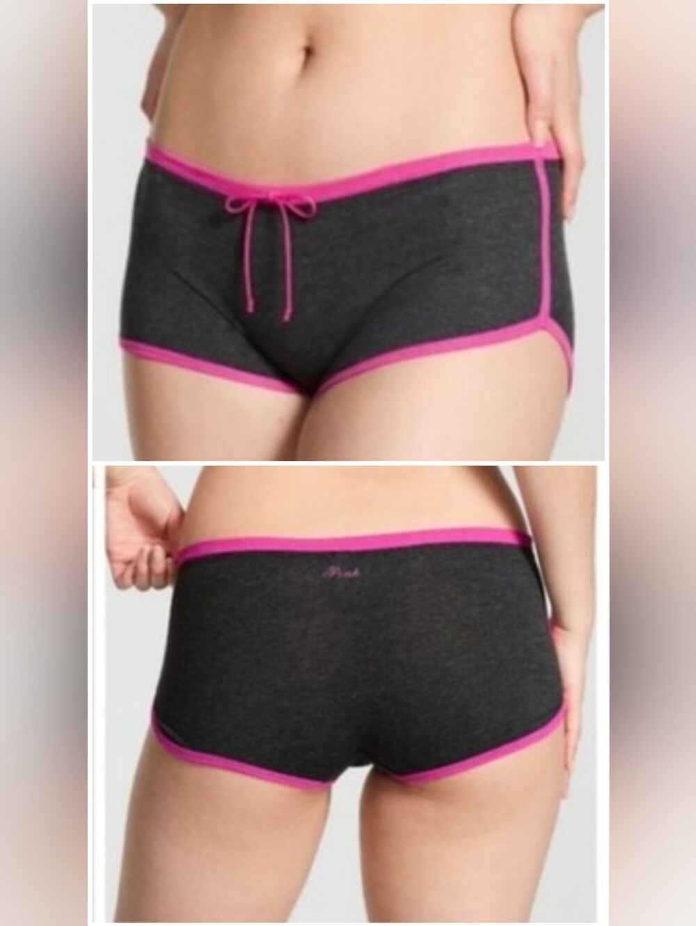 PINK Victoria's Secret Cotton Dorm Boyshort Panty Shorts LARGE GRAY WITH PINK